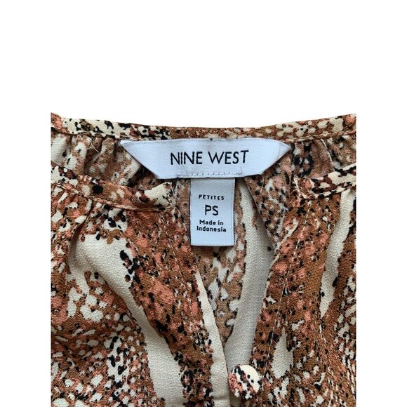 Nine West Womens Petite Snake Print Blouse Brown & Cream Long Sleeve Size PS - Picture 6 of 10